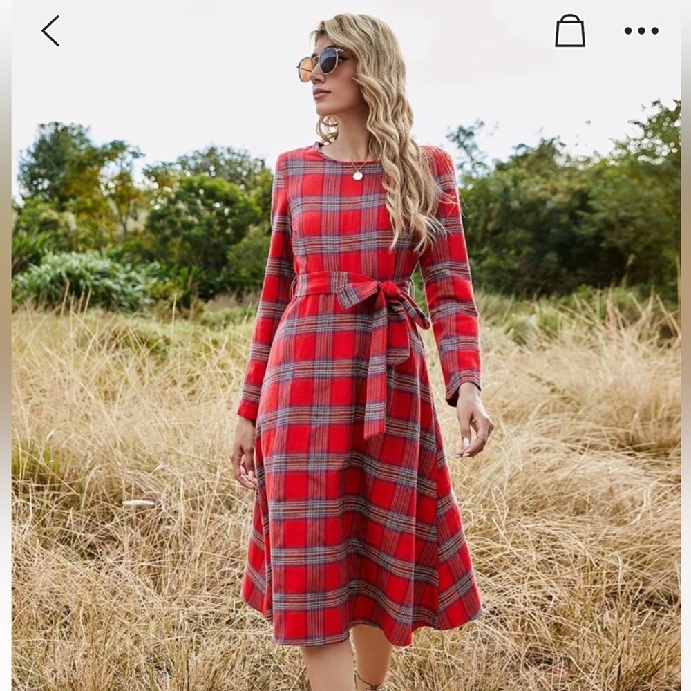SHEIN Red Plaid Tartan Modest Midi Dress S